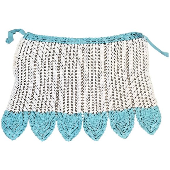 Vintage Crocheted Half Apron White Turquoise Crochet Handmade Ties at Waist - Picture 5 of 5